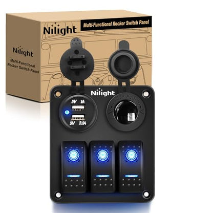 Nilight - 90115C 3 Gang Rocker Switch Panel Waterproof Pre-Wired Aluminum Switch Panel with Dual USB Charger Socket & Cigarette Lighter Socket 12V 24VDC ON Off Switch Panel for Cars Rvs Trucks - color: Blue, size: 3+2 Gang Dual USB