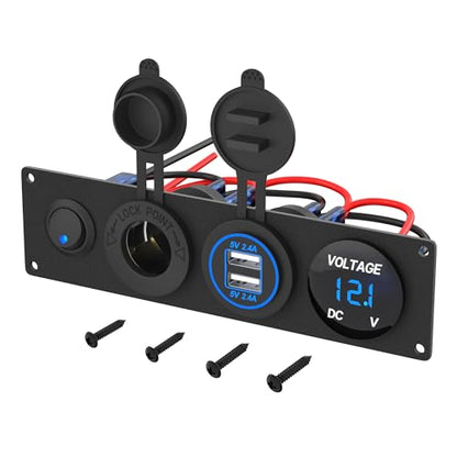 RVMARINEPAT 4 in 1 Charger Outlet Socket Panel 12V DC 4.8A Dual USB Power Outlet & 12 Volt Cigarette Lighter Socket & LED Voltmeter & Lighted ON/Off Rocker Toggle Switch for Marine Boat Truck RV Car - color: BLUE