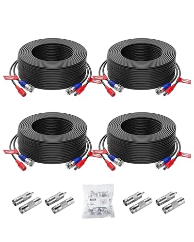 ZOSI 4-Pack 100ft (30m) BNC Video Power Cables, All-in-One Pre-Made Extension Wire for CCTV Security Camera Surveillance DVR Systems, Includes 4 BNC & RCA Connectors and 100 Cable Clips