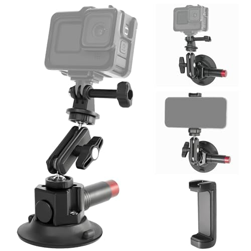 CNC Machined 3in Camera Suction Cup Mount with Adjustable Magic Arm, 1/4" ARRI Holes Quick Release Car Mount with Phone Holder & Action Camera Adapter Compatible with DJI OSMO Pocket 3 Insta360 iPhone - style: 3in
