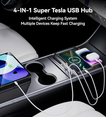 USB Hub for Tesla Model 3/Y, 45W PD Center Console Retractable Fast Charging, Car Docking Station Charger Multi Port for 2021 2022 2023 Tesla Model 3/Y