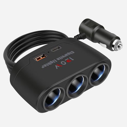 5 in 1 Cigarette Lighter Splitter, 3 Socket Car Charger Adapter + Type-C PD15W Charging + USB Charging Ports, Plug Outlet for All Car 12V/24V Devices