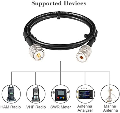 MOOKEERF PL-259 UHF CB Coax Cable - 3FT, RG58 PL-259 UHF Male to Female Low Loss Antenna Extension Jumper for HAM Radio, Antenna Analyzer, Dummy Load, SWR Meter - size: 3FT
