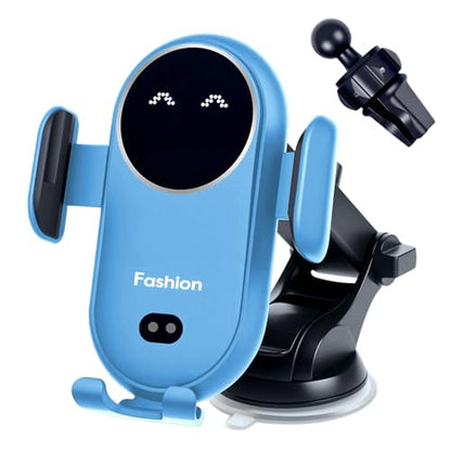 Wireless Car Charger Mount with Air Vent Clip & Suction Base, 15W Fast Auto-Clamping Charging Phone Holder for iPhone 17/16/15/14, Samsung S24/S23, etc.(Blue) - color: suction cup version-Blue
