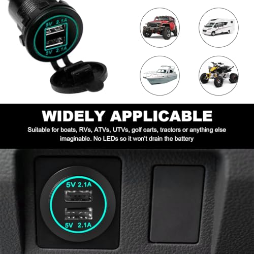 4.2A Dual USB Charger Socket, Waterproof Power Outlet 12V/24V 2.1A & 2.1A Quick Charge Socket, USB Charger Socket with Cap for Car Golf Cart Mobile RV ATV Truck Marine Boat (Green) - color: Green