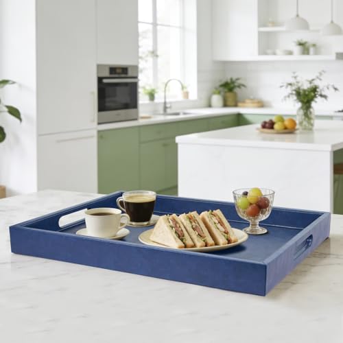 18 x 12 inches Leather Ottoman Serving Tray with Hole Handles, Rectangle Modern Service Tray for Living Room, Coffee Table, Bed, Tea, Food, Butler Countertop, Kitchen, Dinner, Picnic (Blue) - color: Blue, size: 18" x 12" x 2"