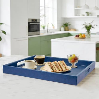 20 x 14 inches Leather Rectangle Serving Tray with Hole Handles,High-End Light Large Service Tray for Ottoman Tray, Tea, Food, Butler - Countertop, Kitchen,Family Dinner, Picnic (Blue) - color: Blue, size: 20" x 14" x 2"