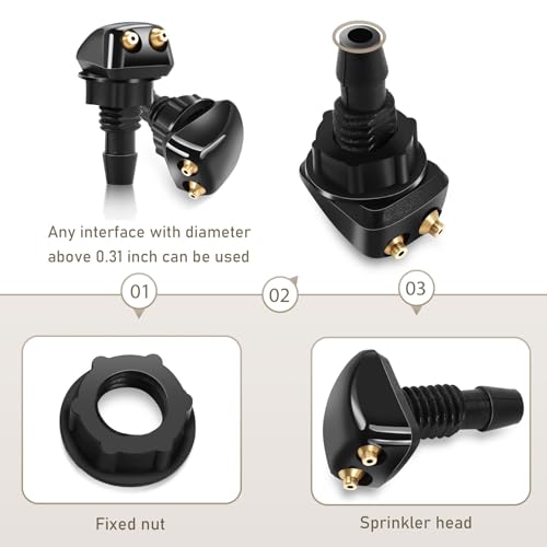 2 PCS Car Double Hole Straight Column Front Windshield Water Spray Nozzle, 1.14" x 0.71" Adjustable Powerful Jet Wiper Cleaning Nozzle, 0.31" Connector with Plastic Nut, for Cars (Black)