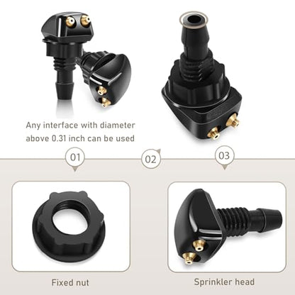 2 PCS Car Double Hole Straight Column Front Windshield Water Spray Nozzle, 1.14" x 0.71" Adjustable Powerful Jet Wiper Cleaning Nozzle, 0.31" Connector with Plastic Nut, for Cars (Black)