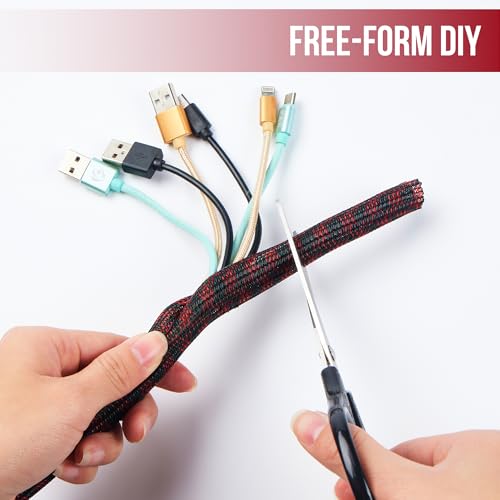 Cable Sleeve Self-Wrapping Wire Loom, Black Red,1/4 Inch x 100FT - color: Black red, size: 1/4"-100ft