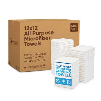 Microfiber Wholesale Bulk 12” X 12” All Purpose Towels Case Quantity (400 Count) | No Fraying | High Density Microfiber | Zero Chemical Cleaner | Long-Lasting (White) - color: White, size: 400 Count (Pack of 1)