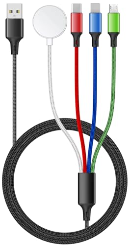 5FT/1.5M Multi Charging Cable for Apple Watch Charger Travel Nylon Braided USB C Micro USB Compatible with iWatch Ultra/SE/10/9/8/7/6/5/4/3/iPhone 16 15 Pro Max/14/13/12/Galaxy Android - size: 5ft