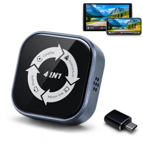 Wireless CarPlay Adapter 4 in 1, Wireless Android Auto Box with Airplay Mirror Link, Screen Mirroring, Plug & Play for Cars with Wired CarPlay/Android Auto