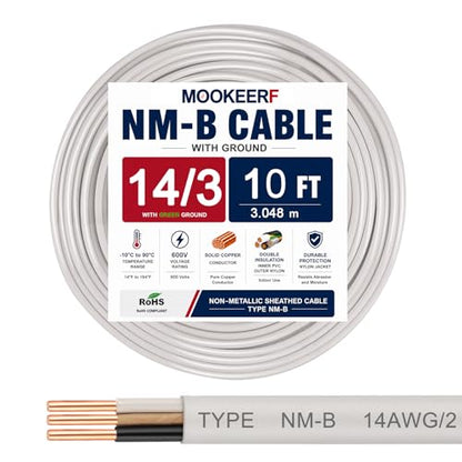 14/3 Wire with Ground - 10FT 14 Gauge NM-B Non-Metallic Sheathed Cable 100% Pure Copper 14 AWG 3 Conductor Residential Indoor Wire for Outlets, Switches, Other Loads and Lighting Wiring Projects etc. - size: 10FT, style: 14AWG/3