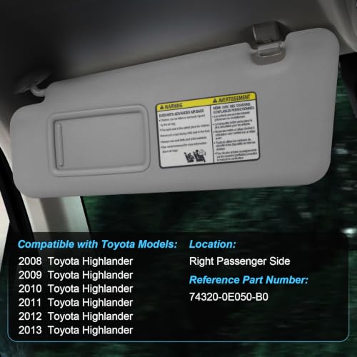 ItranMc Sun Visor Passenger Side for 2008-2013 Toyota Highlander - color: (Gray)Right Passenger Side