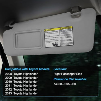 ItranMc Sun Visor Passenger Side for 2008-2013 Toyota Highlander - color: (Gray)Right Passenger Side