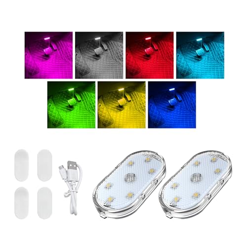 KVAEY 4 PCS Car LED Lights Interior Wireless, 7 Colors Magnetic Auto Ambient Light with 6 Bright LED Lamp Beads, Portable USB Rechargeable Vehicle Interior Led Night Light (Colorful, Sticky, 2pcs) - color: Colorful, Sticky, size: 2pcs