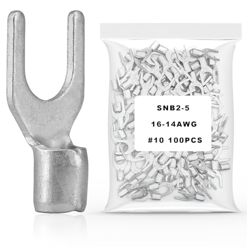100Pcs #10 Non-Insulated Fork Terminal,16-14 AWG Brazed Seam Red Copper Wire Connectors,Crimp Connector Terminal Kit (Fork #10 100PC, AWG16-14) - size: AWG16-14, style: Fork #10 100PC