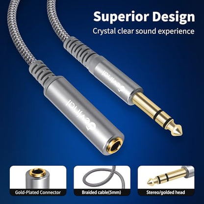 1/4 inch Headphone Extension Cable, 6.35mm TRS Male to Female Stereo Cord, Quarter Inch Guitar Cable Extender, 10ft (3 Meters) - color: Silver 3M/10FT