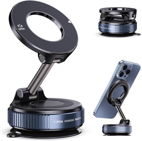 Magnetic Car Phone Holder Vacuum Adsorption Suitable for iPhone and Android Phones 360° Adjustable Suction Cup Bracket for Automobiles[98+LBS Strongest Suction & 2800gf Magnetic]