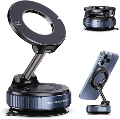 Magnetic Car Phone Holder Vacuum Adsorption Suitable for iPhone and Android Phones 360° Adjustable Suction Cup Bracket for Automobiles[98+LBS Strongest Suction & 2800gf Magnetic]