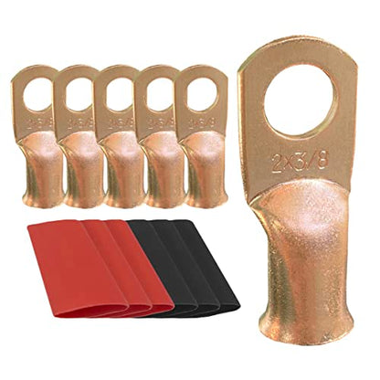 10pcs 2 AWG-3/8 Ring Battery Lugs, Copper Lugs, Battery Cable Ends, Tubular Ring Terminals, Crimp Wire Ring Lugs, Battery Terminal Connectors with Heat Shrink Tubing (10, 2 Awg - 3/8" (M10) Ring) - size: 2 Awg - 3/8" (M10) Ring
