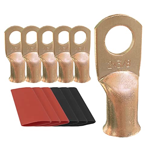 10pcs 2 AWG-3/8 Ring Battery Lugs, Copper Lugs, Battery Cable Ends, Tubular Ring Terminals, Crimp Wire Ring Lugs, Battery Terminal Connectors with Heat Shrink Tubing (10, 2 Awg - 3/8" (M10) Ring) - size: 2 Awg - 3/8" (M10) Ring