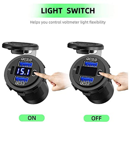 2 Pack 12V USB Outlet, QC3.0 & PD Dual Car Charger with Voltmeter & Switch - color: 2QC+1PD