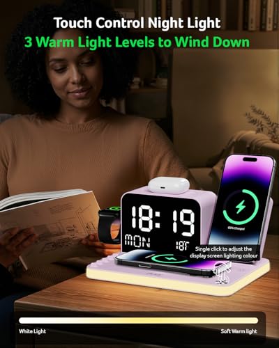 Acer 7-in-1 Wireless Charging Station with LED Clock - 30W Fast Wireless Charger for iPhone 16/15/14/13/12/Pro Max, Apple Watch, AirPods - Bluetooth Auto Time Sync & Night Lights (Purple) - color: Purple