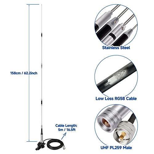 Bingfu High Gain 62inch Mobile Ham Radio Antenna VHF UHF Dual Band - color: Lip Mount Antenna Kit 62inch