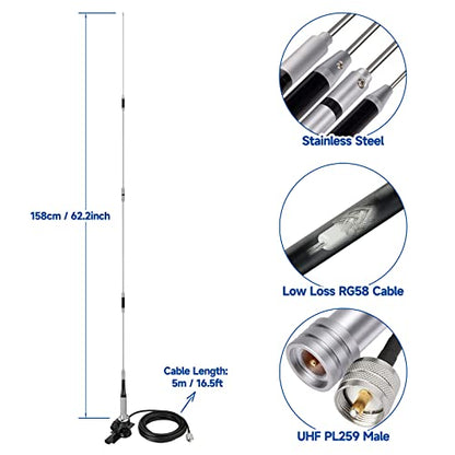 Bingfu High Gain 62inch Mobile Ham Radio Antenna VHF UHF Dual Band - color: Lip Mount Antenna Kit 62inch