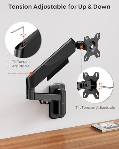Heavy Duty Single Monitor Arm Wall Mount fits 27-45 Inch Flat/Ultrawide - size: 27 - 45 Inch, style: Single Arm
