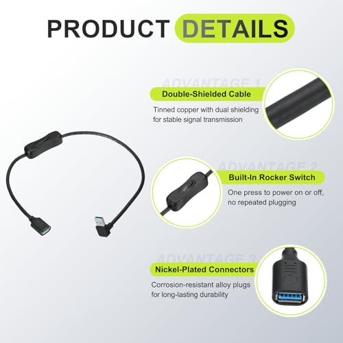 MECCANIXITY USB 3.0 Switch Extension Cable, USB A Male to Female Cord with On/Off Switch Support Data and Power for PC, TV, LED Strips, Laptops, Fan, Car (39.37"/1m, Up Angle)