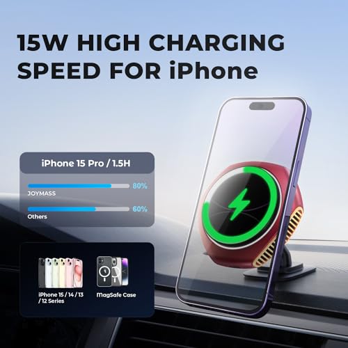 JOYMASS for MagSafe Car Mount Charger, 15W Zinc Alloy Fast Charging Magnetic Wireless Car Charger Phone Holders for Your Car Fits for iPhone 15 Pro Max Plus 14 13 12 Mini MagSafe Case - Red - color: RED