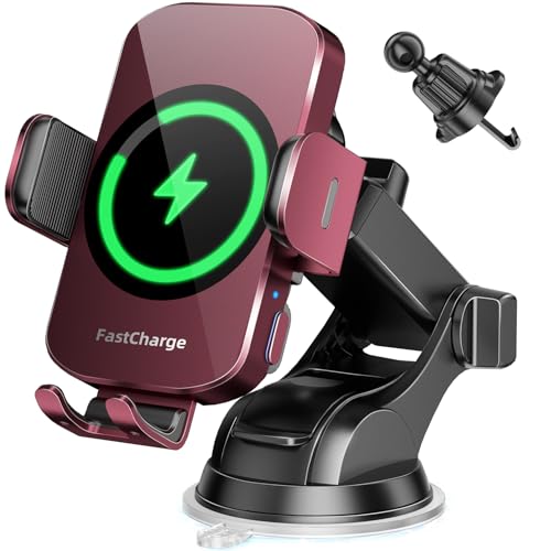 BothLin 3-in-1 Wireless Car Charger Mount, 15W Fast Charging Auto-Clamping Phone Holder for iPhone 17 16 15 14, Samsung Galaxy S24 S23, Dashboard, Vent & Windshield Car Mount - color: Deep Red