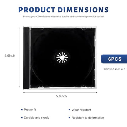 6 PCS Standard Single Clear CD Jewel Case, 10mm Vehicle Slim Clear Disc DVD Cases with Assembled Tray, Single CD Protective Cover Plastic Storage Box Replacement for Cars (Black) - color: Black
