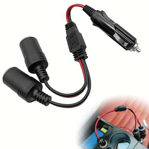 Automotive Universal 12V 24V Cigarette Lighter Splitter Adapter, 18AWG Extension Cord with 15A Fuse, Upgraded 1 Male to 2 Female Y Splitter 2 Socket Car Power Cable