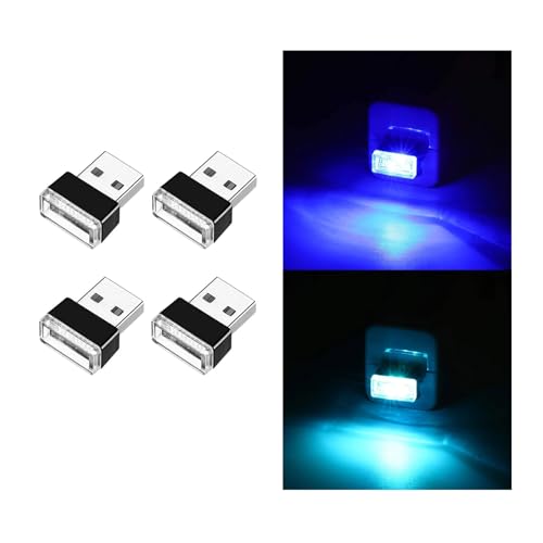 Ziciner 4 PCS USB LED Car Interior Atmosphere Lamp, Portable Mini LED Night Light, Plug-in USB Interface Trunk Ambient Lighting Kit, Universal Interior Accessories for Most Vehicles (Blue, Ice Blue) - color: Blue+Ice Blue