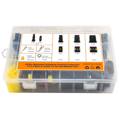 355Pcs 26 Sets Waterproof Automotive Wire Connectors - 1/2/3/4 Pin Connectors Male and Female for Cars Motorcycles & Boats - 22-16 AWG