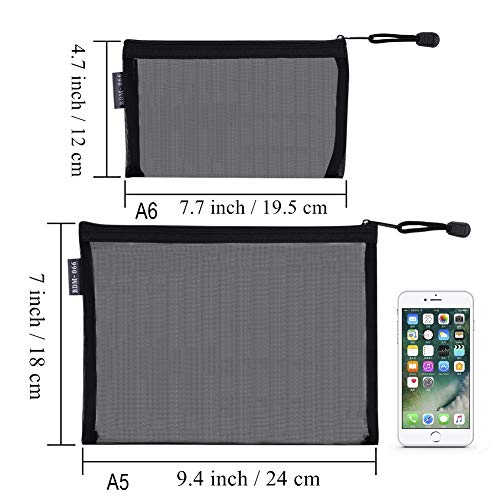 HRX Package 6pcs Mesh Makeup Bags for Travel, 2 Sizes A5 A6 (Black) - color: Black, size: A5, A6