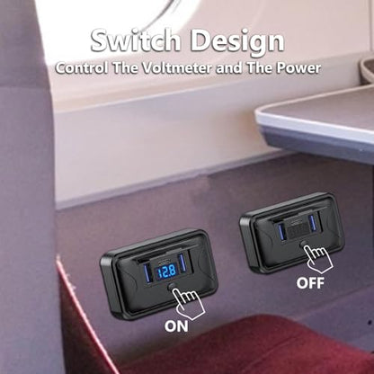 12V USB Outlet 72W Panel Mount PD+QC Fast Charger Voltmeter Switch Marine - size: Dual QC+PD