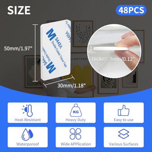Double Sided Foam Tape, 3mm Thick 48Pcs Heavy Duty Waterproof Adhesive Pads for Wall, Car, Photo Frame & Office - color: White