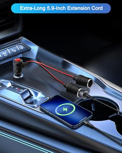 12V 24V Cigarette Lighter Splitter,1 to 2 Car Cigarette Lighter Cable, Dual Socket with ON/Off Switch, 18AWG 15A Power Extension Cable for Car Refrigerator, Tire Inflator Etc-15cm/5.9in