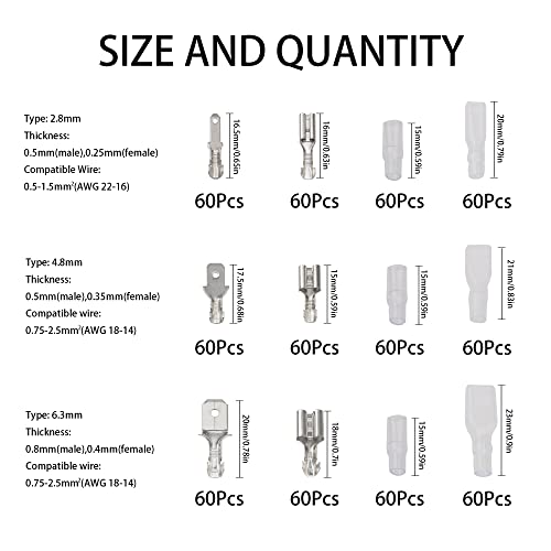 720Pcs 2.8/4.8/6.3mm Quick Splice Male Female Wire Spade Connector Crimp Terminal Block Assortment Kit with Insulating Sleeve for Electrical Wiring Car Audio Speaker