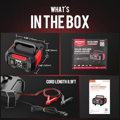 NEXPEAK 15A Battery Charger, Trickle Charger 12V/24V Car Battery Charger 9-Stage Smart LiFePO4 Charger Battery Maintainer w/Overcharge Protection Pulse Repair for Car Truck Motorcycle Lawn Mower