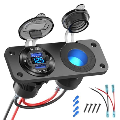 12V USB Outlet Marine Switch Panel Plug, PD3.0 and Dual QC3.0 USB Ports Aluminum Car Charger with LED Voltmeter Power Switch, Lighted 150W Cigarette Lighter Socket 2 in 1 DIY Kit for Boat RV ATV, etc. - color: Charger+Socket