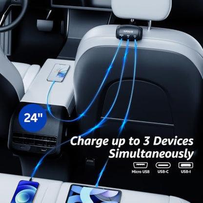 SUPERLIT 3-in-1 Backseat Retractable Car Charger Station – Universal Fast Charging Box for iPhone, Samsung, Android – Mount to Headrest – Ideal for Uber, Lyft, Turo, Rideshare Drivers with Tip Sign