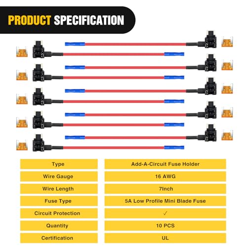 Nilight - 50038R 10 Pack 12V Car Add-a-circuit Fuse TAP Adapter with 5 Amp Low Profile Mini Blade Fuse Set for Cars Trucks Boats,Blue, Red, Black, Orange - color: 10Pcs Low Profile Mini