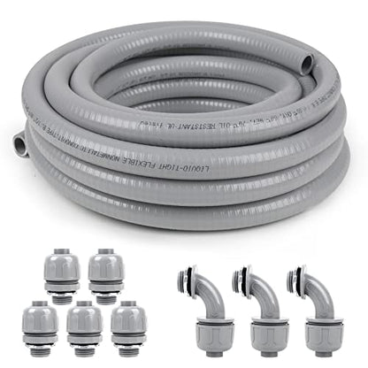 1-1/2(1.5) 25ft Trade Size Liquid-Tight Conduit and Connector Kit,Flexible Non Metallic Liquid Tight Electrical Conduit Kit with 5 Straight and 3 90-Degree Connector Fittings,Actual OD Approx. 1.88 - size: 1-1/2 25ft