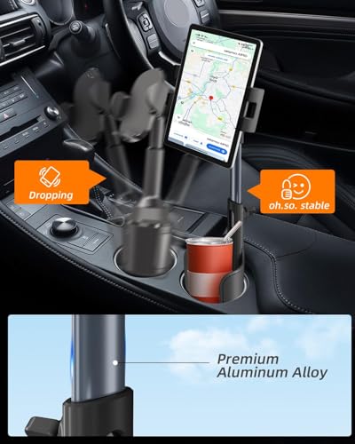 3 in 1 Tablet Holder for Car Bottle, 360°Rotatable & Aluminum Telescopic Arm Sturdy Rod Cup Holder Tablet Mount for iPad Pro 12.9/11/10.5/9.7/Air/Mini 6/5/4, iPhone 17/16/Pro, 4.7-12.9" Tab & Phone
